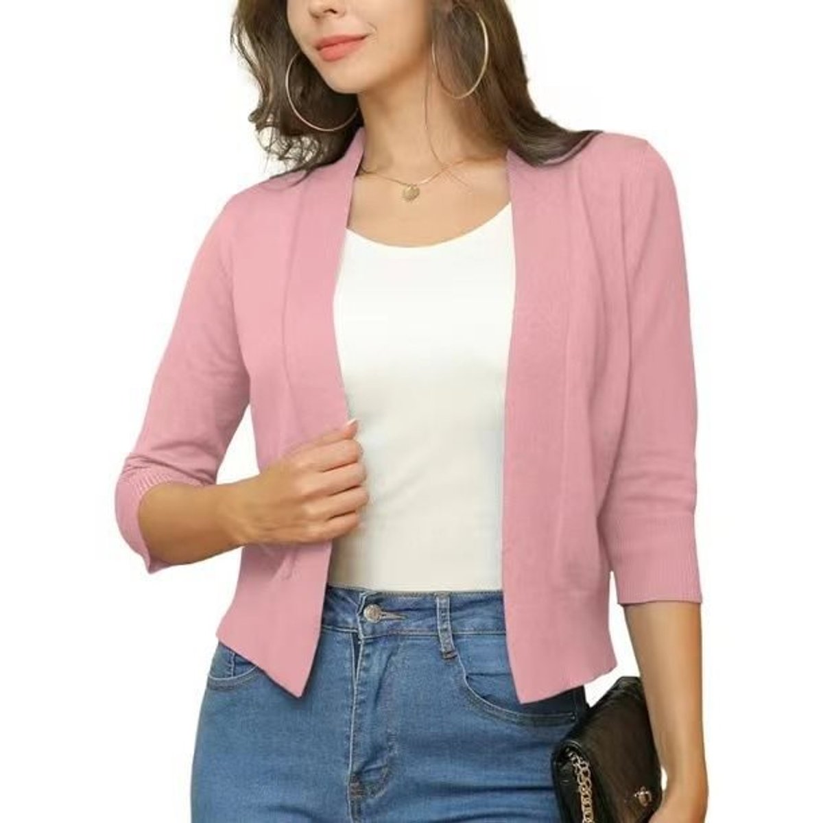 Women's Open-Front Three-Quarter Sleeve Cropped Cardigan - Rubber Red