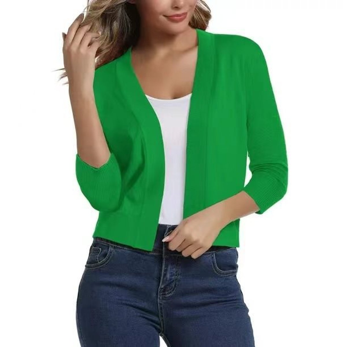 Women's Open-Front Three-Quarter Sleeve Cropped Cardigan - Bright Green
