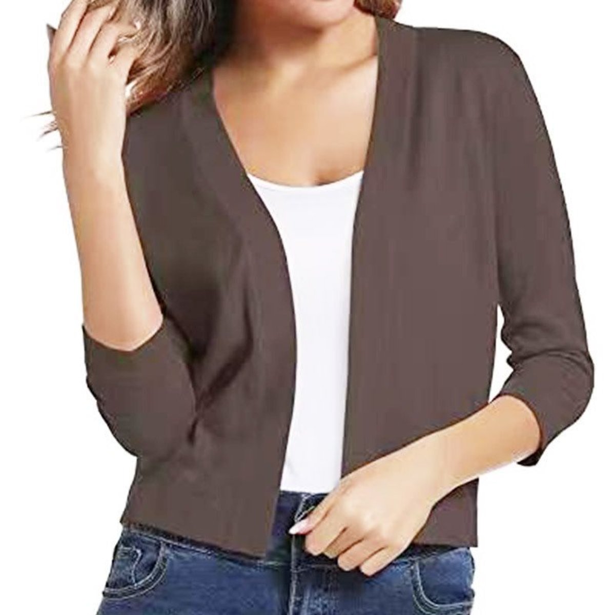 Women's Open-Front Three-Quarter Sleeve Cropped Cardigan