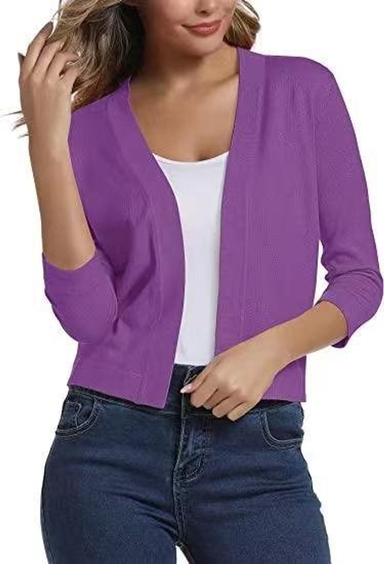 Women's Open-Front Three-Quarter Sleeve Cropped Cardigan - Lilac