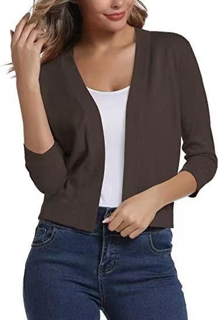 Women's Open-Front Three-Quarter Sleeve Cropped Cardigan - Brown