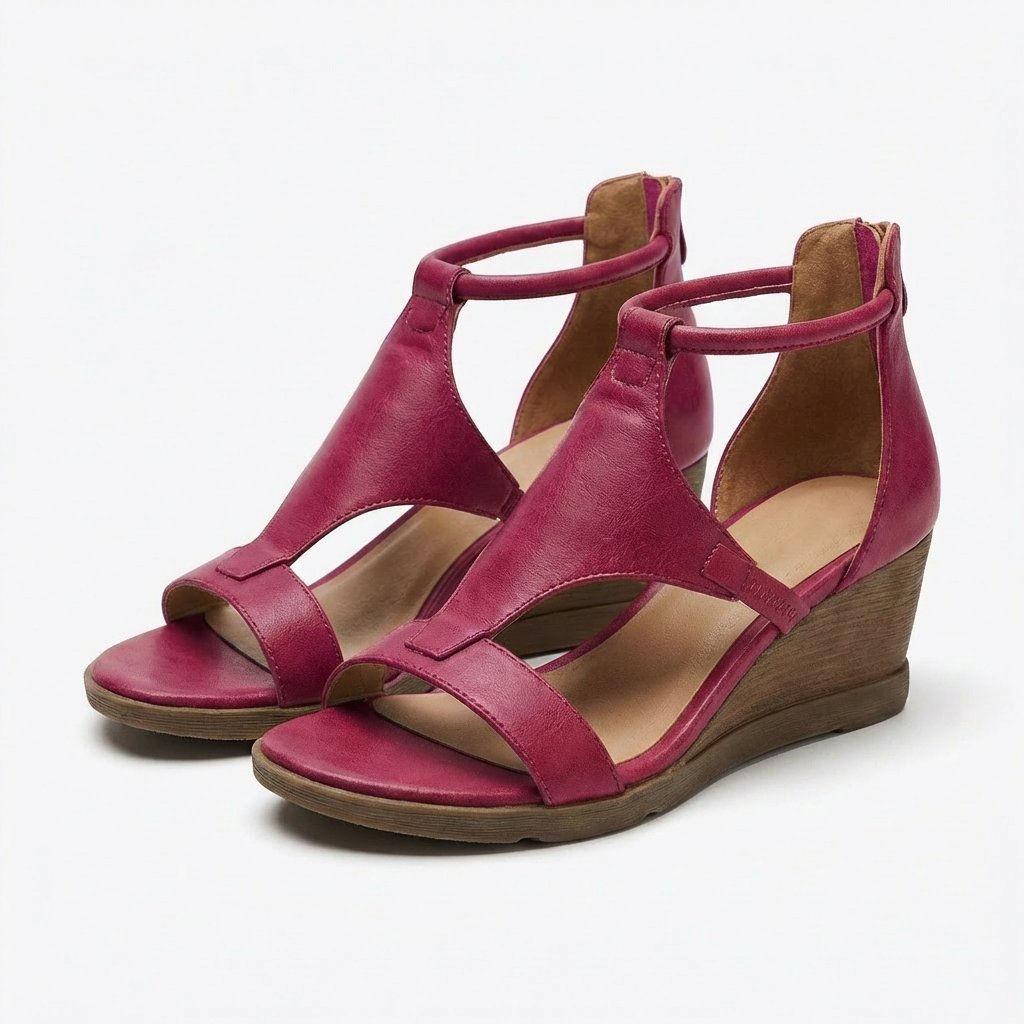 Women's Open-Toe Ankle-Strap Wedge Sandals - Borgoña