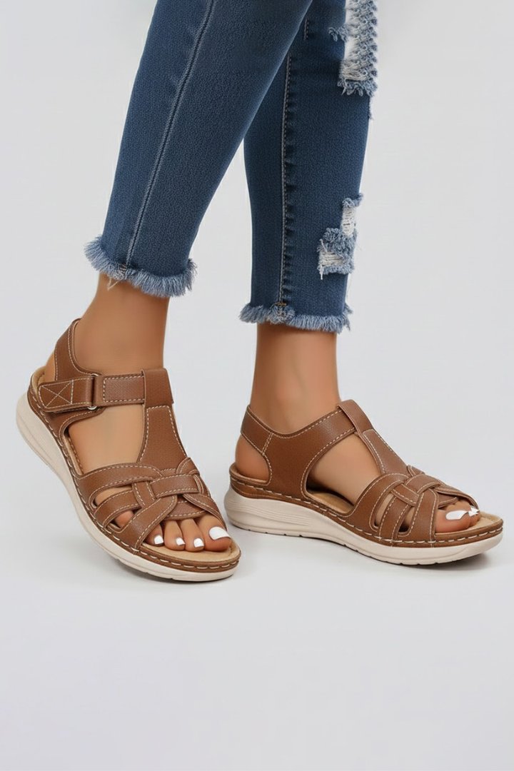 Women's Open Toe Woven Strap Flat Sandals Velcro Fastening
