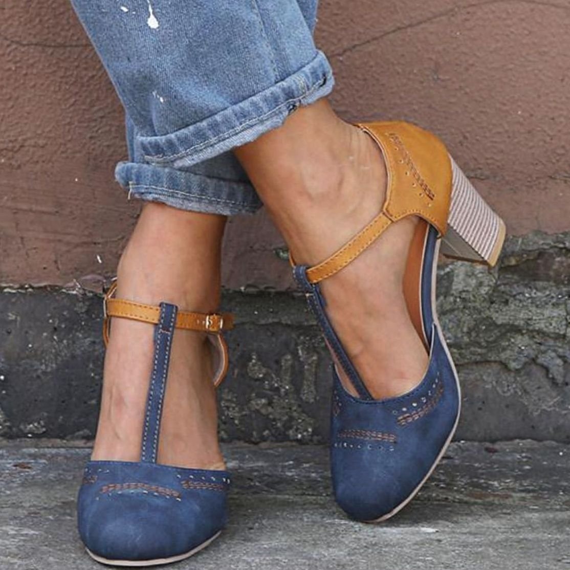 Women's Orthopaedic Block-Heel T-Bar Heeled Shoes - Blue