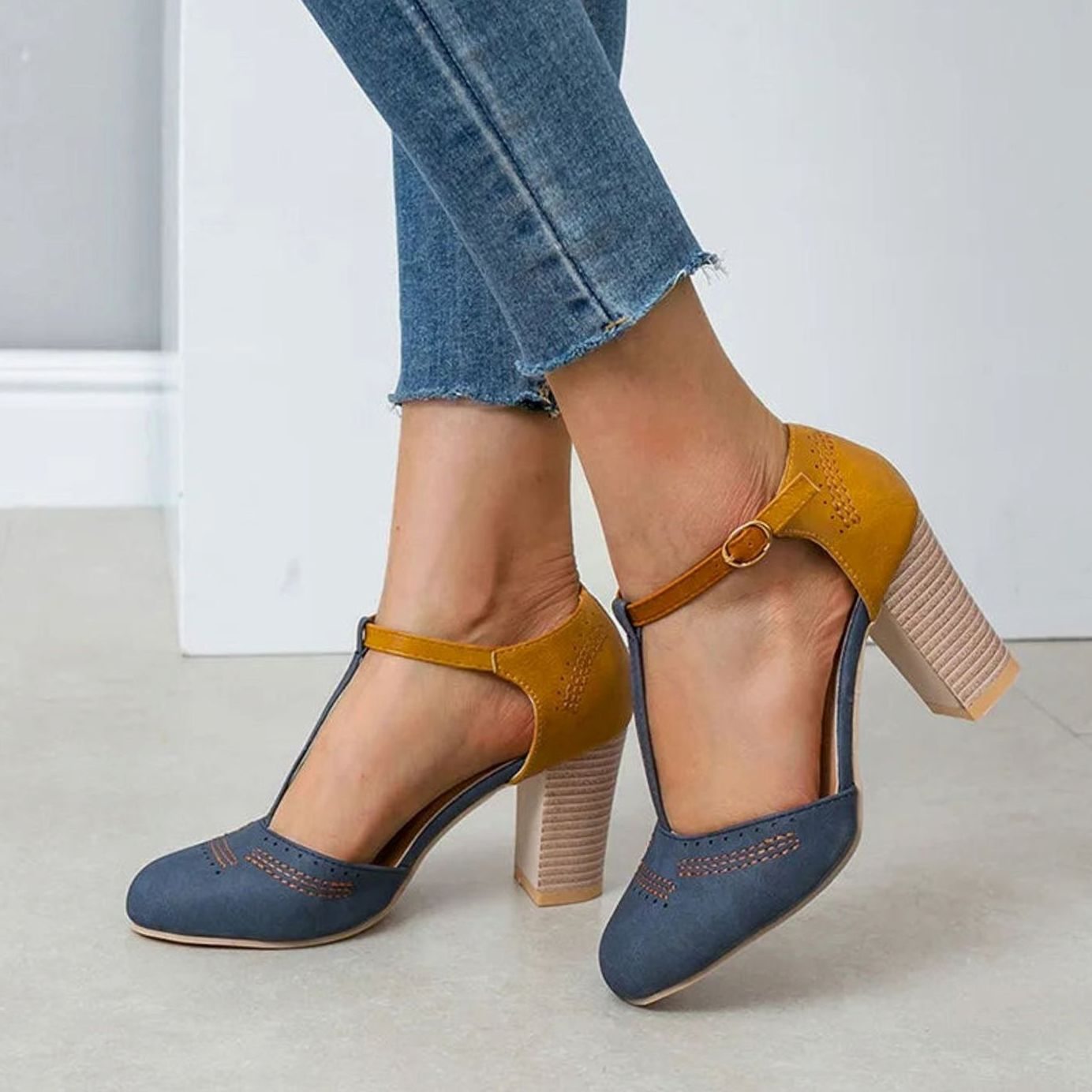 Women's Orthopaedic Block-Heel T-Bar Heeled Shoes