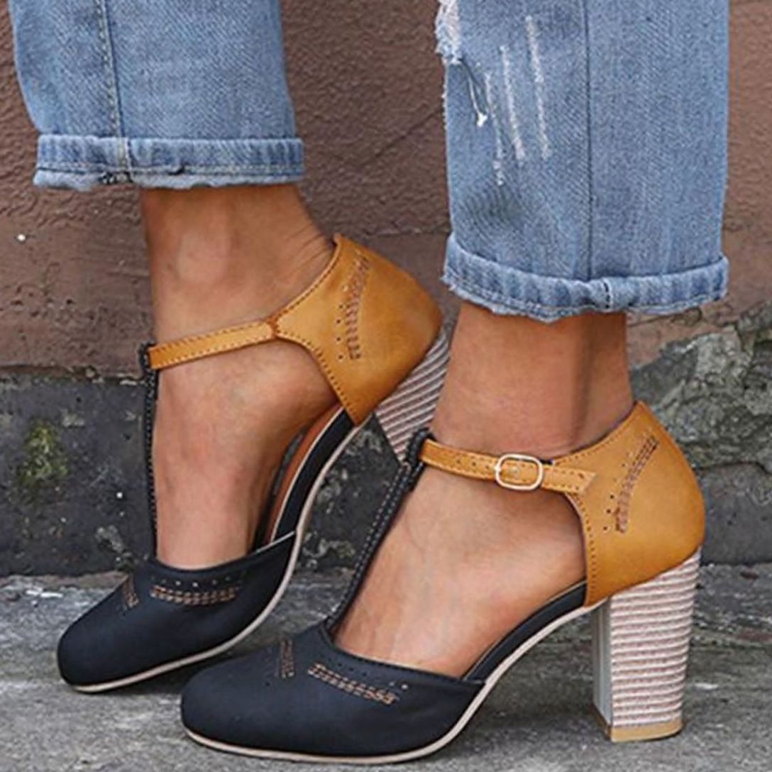 Women's Orthopaedic Block-Heel T-Bar Heeled Shoes - Black