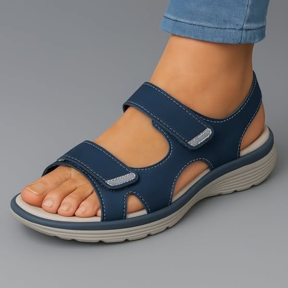 Women's Orthopaedic Double Strap Hook-Loop Cushioned Sandals - Blue