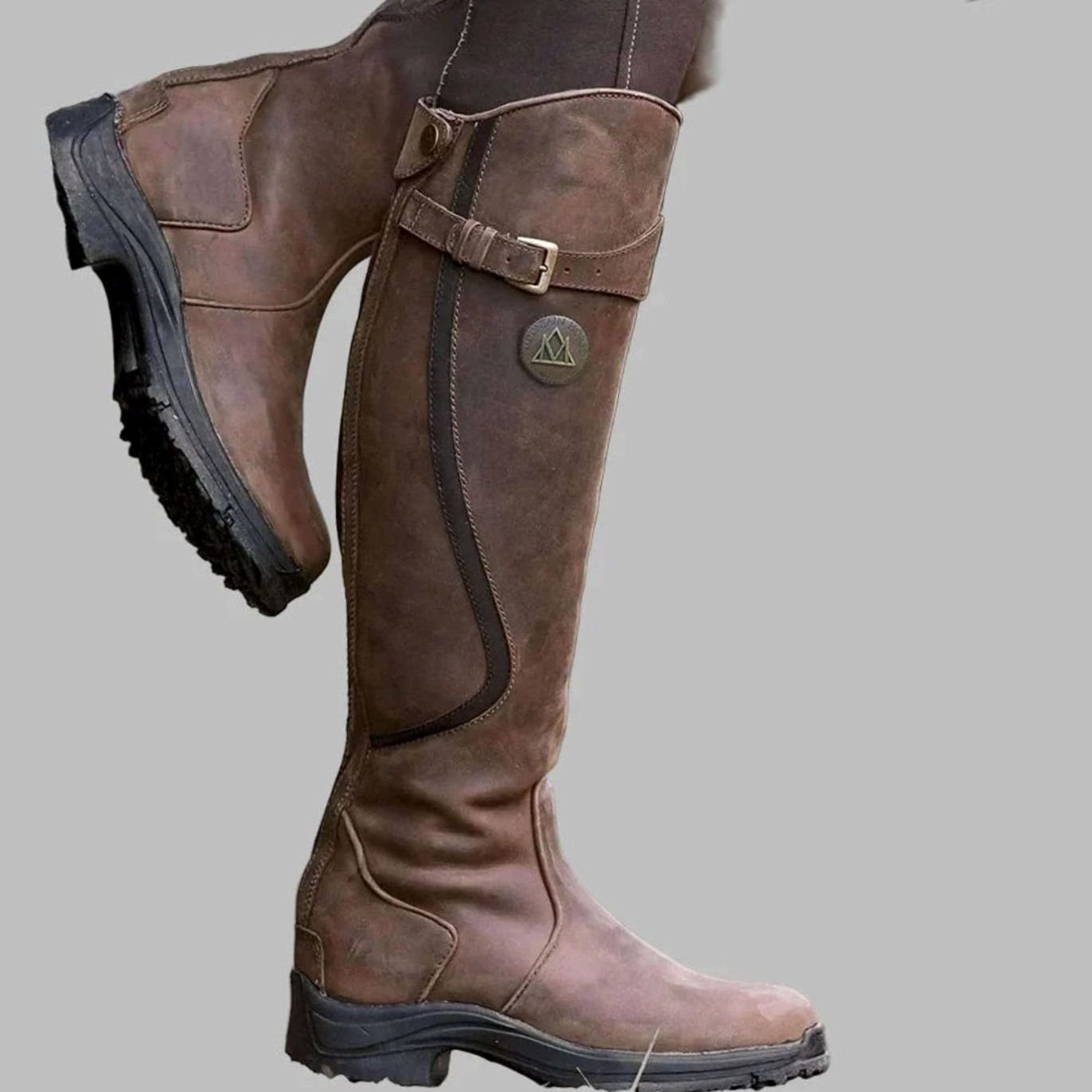Women's Orthopaedic Knee-High Leather Boots Buckle Detail - Dark Brown