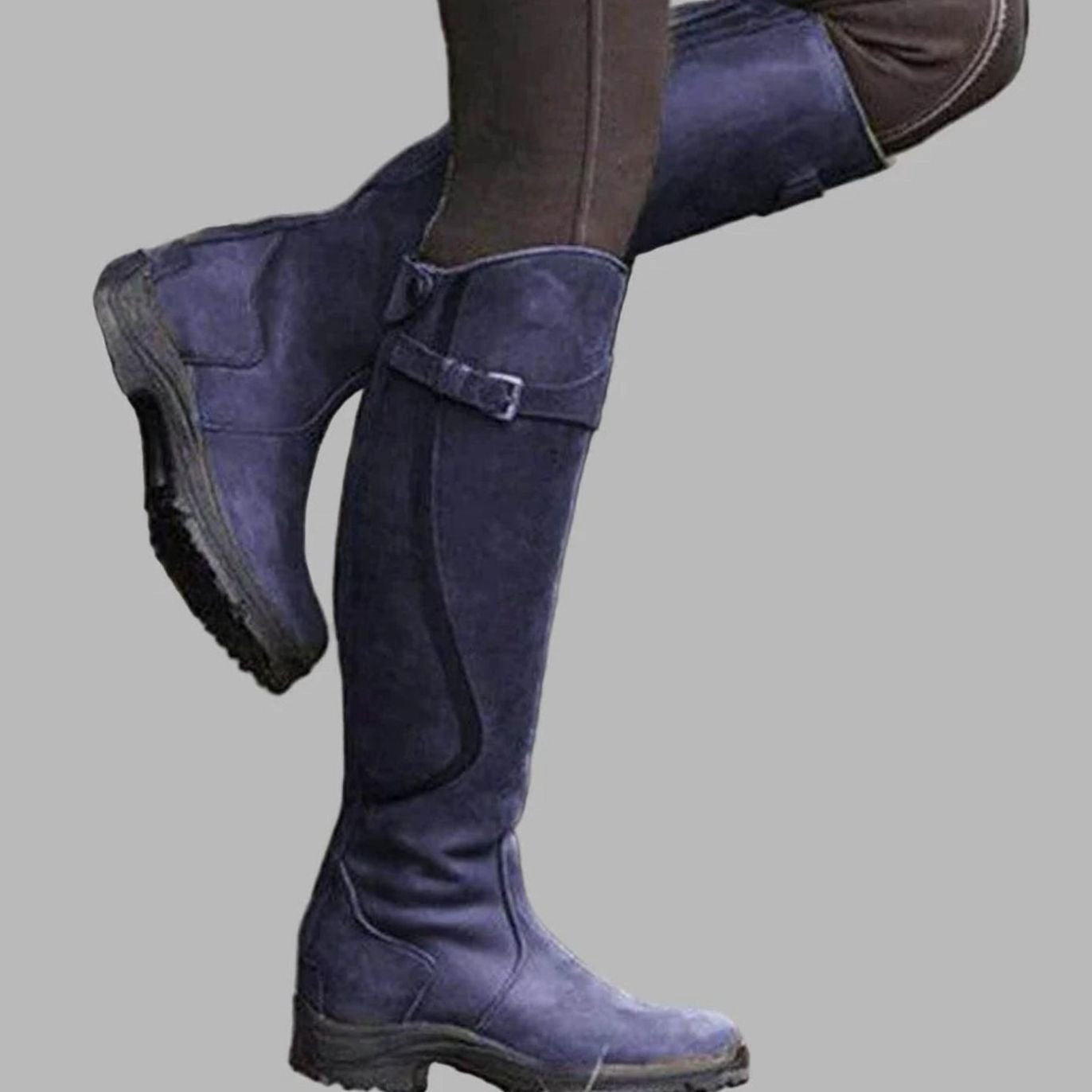 Women's Orthopaedic Knee-High Leather Boots Buckle Detail - Blue