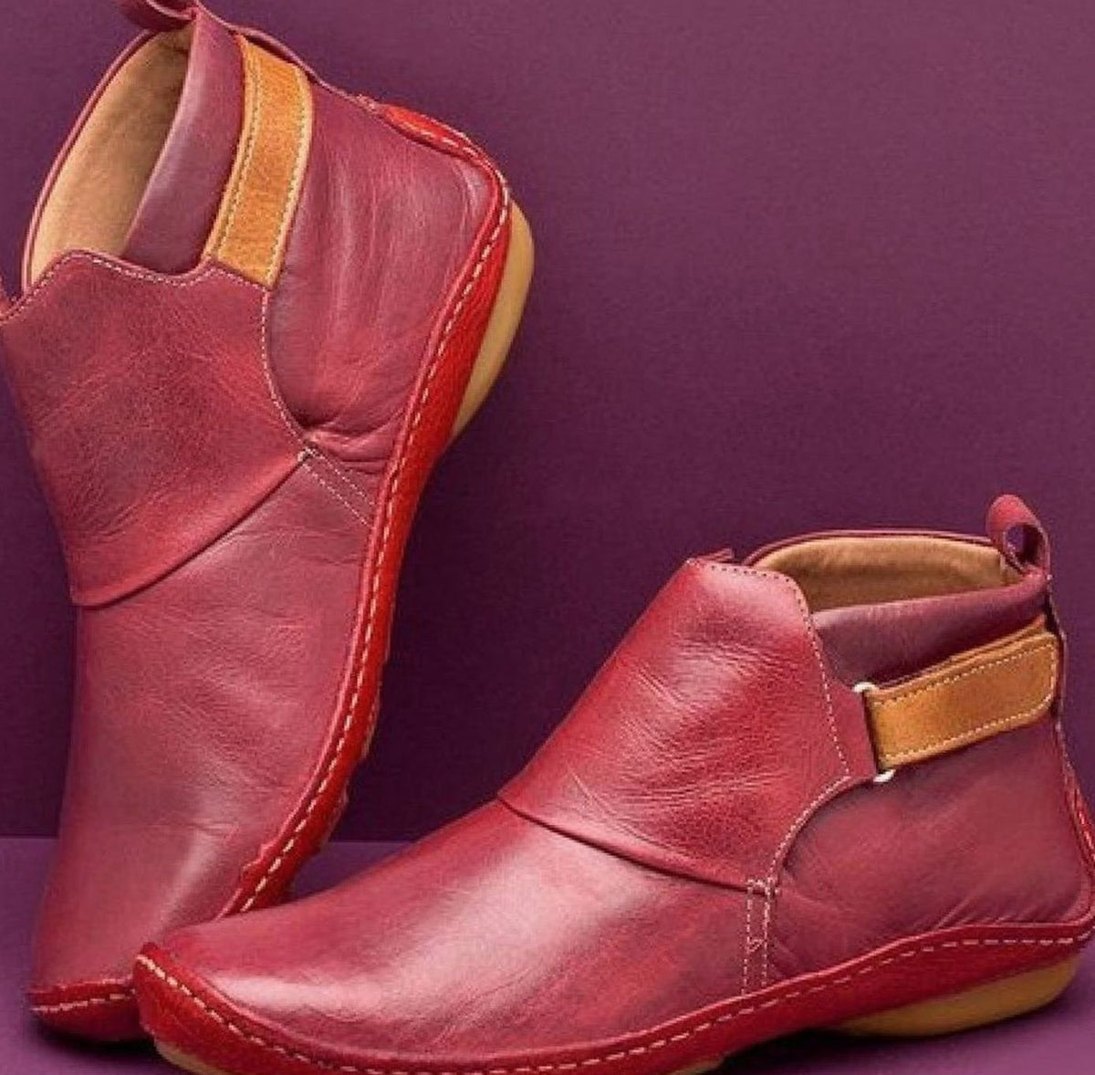Women's Orthopedic Ankle Boots Slip-On Flat Booties, Red - Red