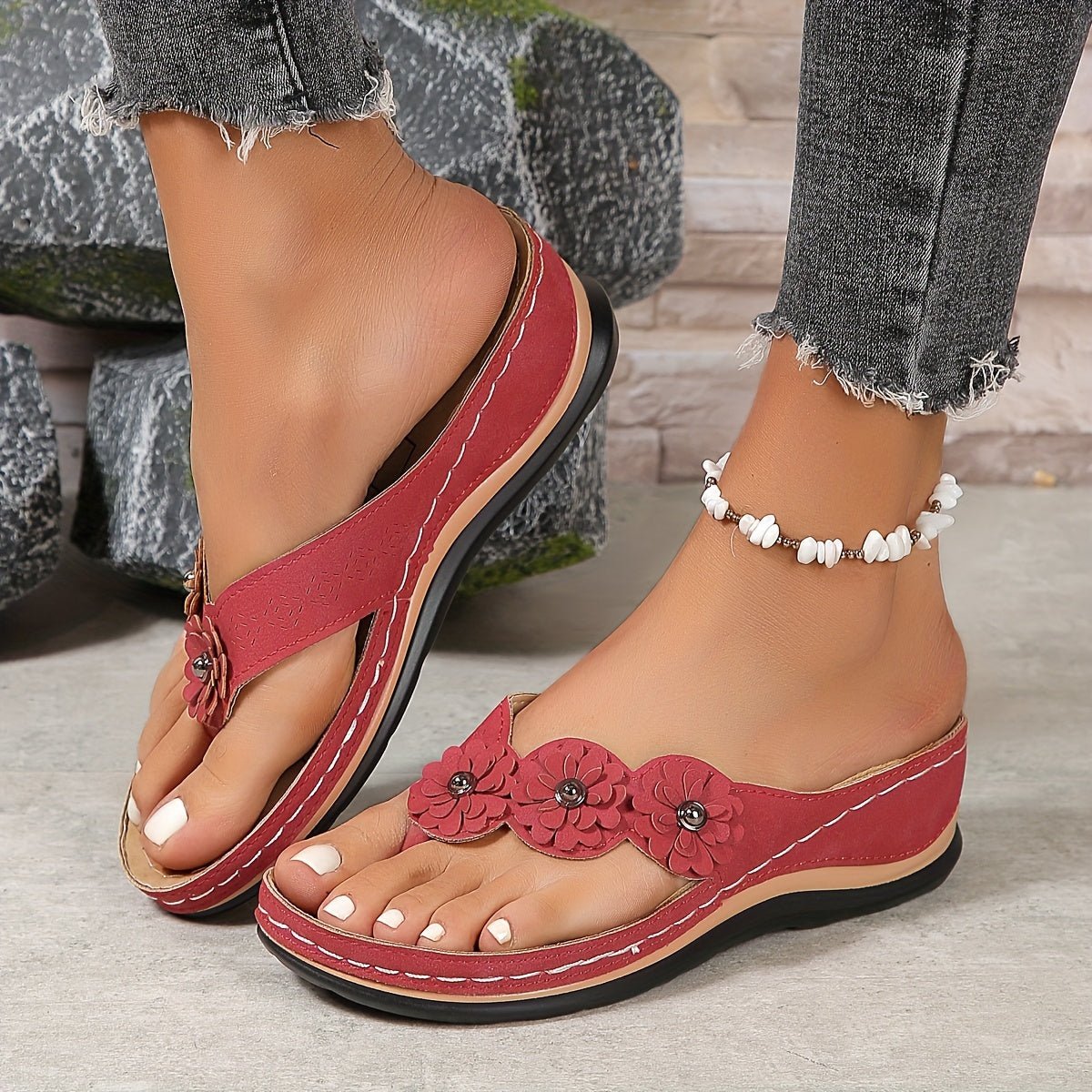 Women's Orthopedic Arch-Support Floral Wedge Flip-Flop Sandals - Red