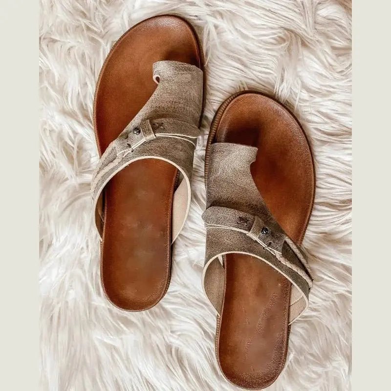 Women's Orthopedic Arch-Support Vegan Leather Toe-Ring Sandals - Khaki