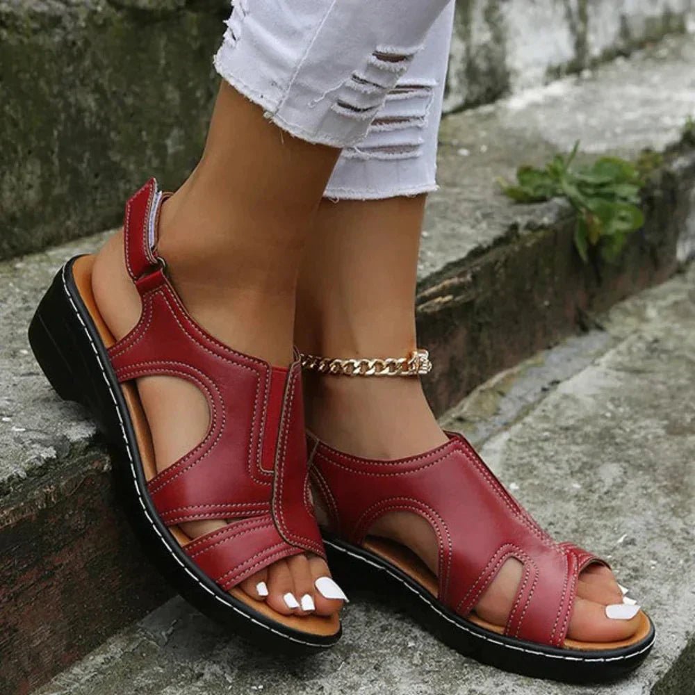 Women's Orthopedic Arch-Support Wedge Leather Sandals - Red