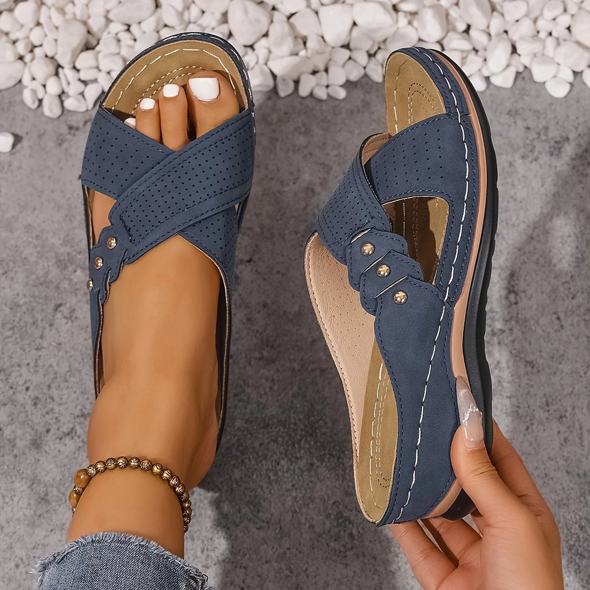 Women's Orthopedic Crossover-Strap Wedge Sandals - Blue