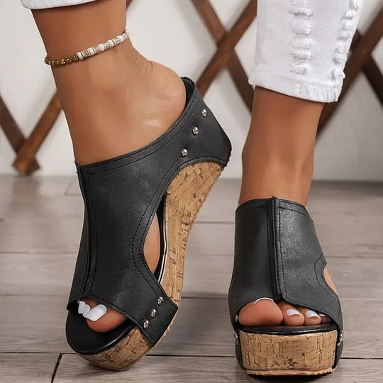 Women's Orthopedic Cushioned Cork Wedge Peep-Toe Mule Sandals