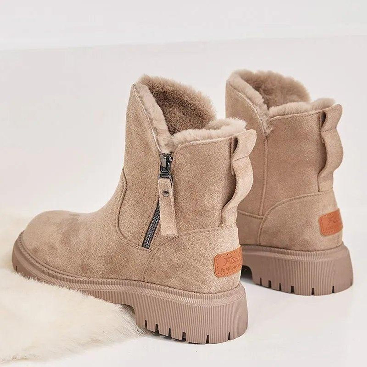 Women's Orthopedic Fur-Lined Zipper Ankle Boots - Beige
