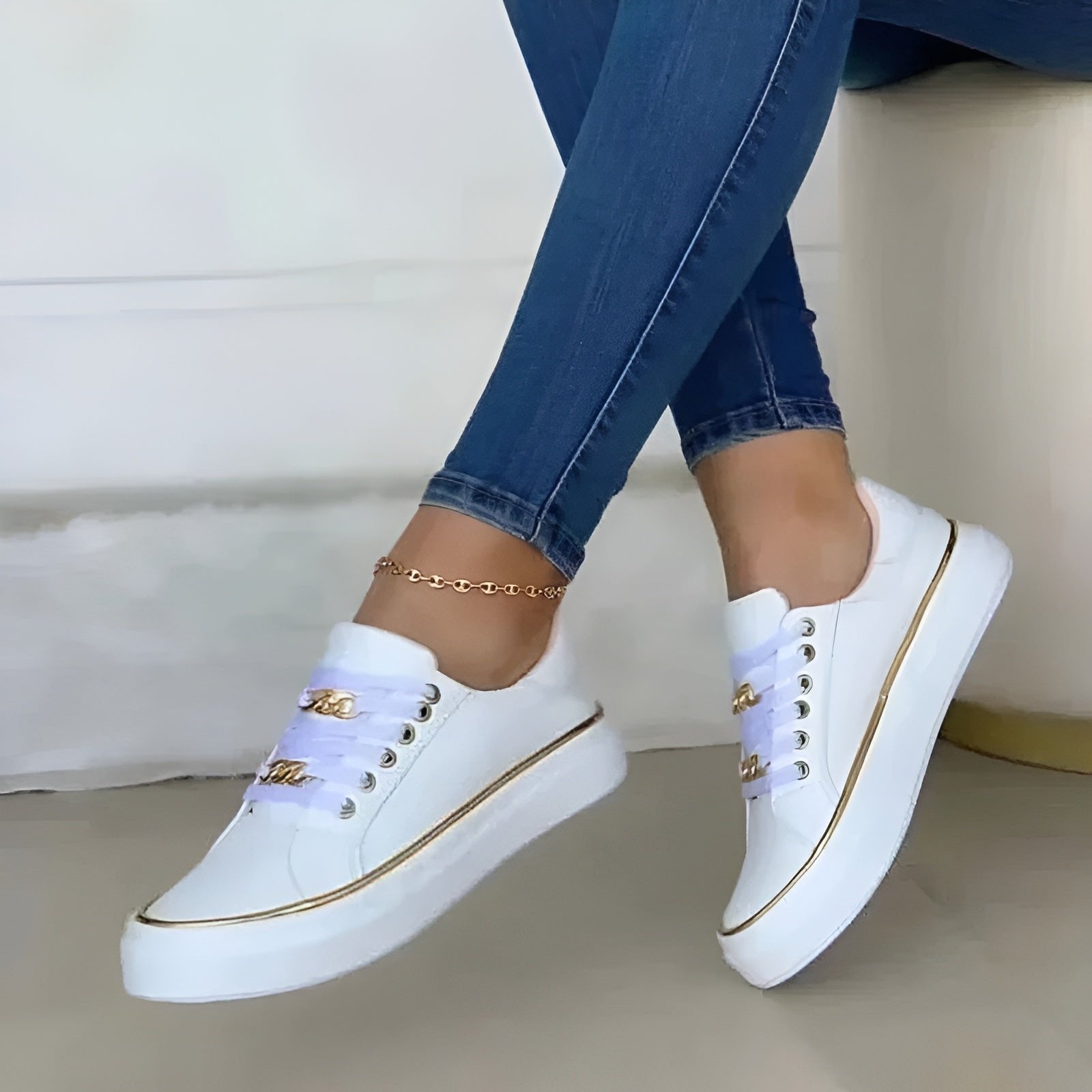 Women's Orthopedic Gold-Accent Lace-Up Platform Trainers