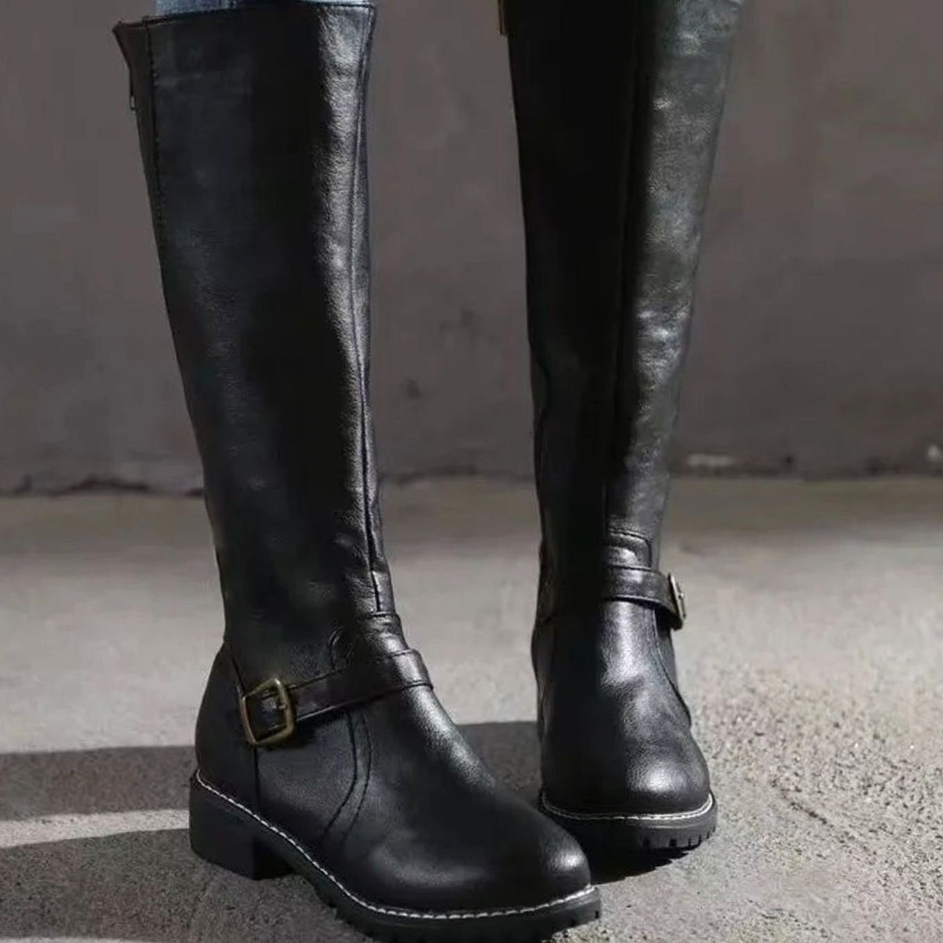 Women's Orthopedic Knee-High Buckle Leather Boots - Black
