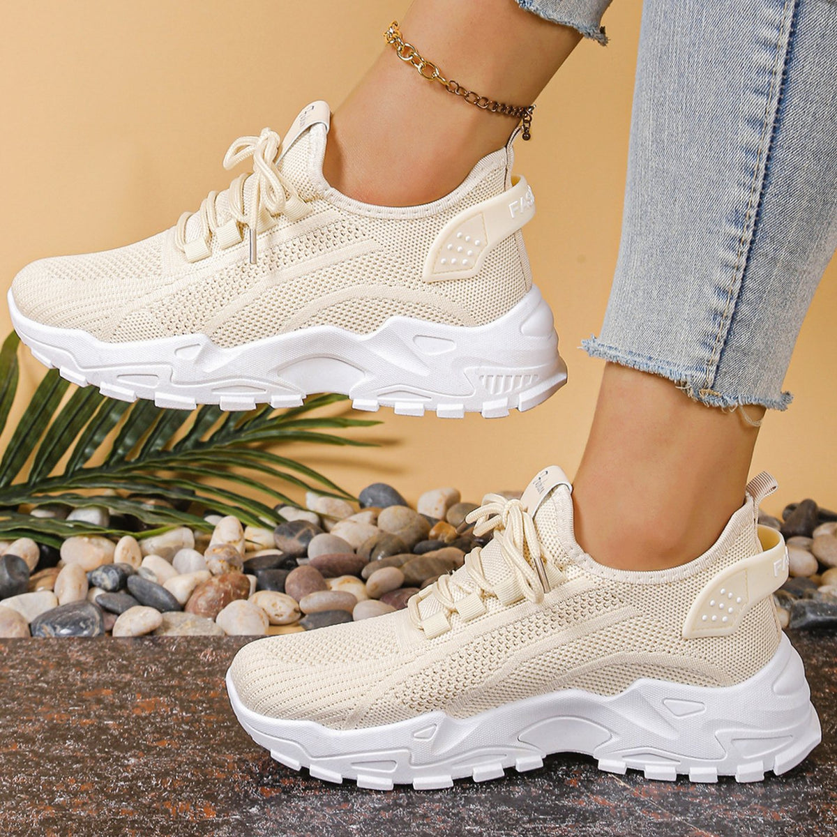 Women's Orthopedic Lace-Up Mesh Chunky Sneakers - Khaki