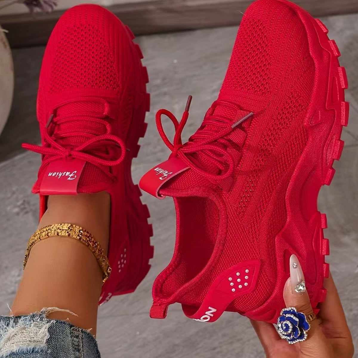 Women's Orthopedic Lace-Up Mesh Chunky Sneakers - Red