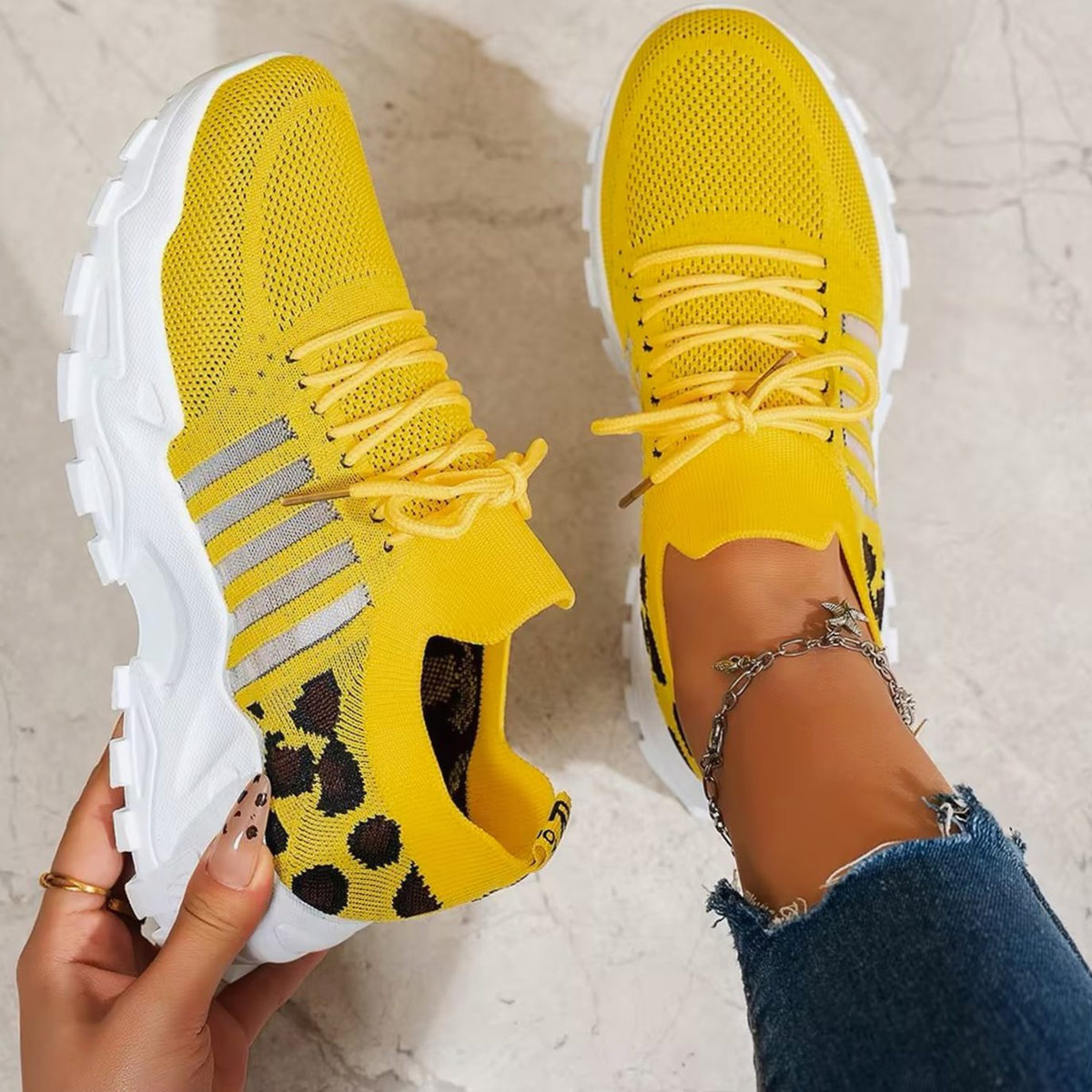 Women's Orthopedic Lace-Up Mesh Chunky Sneakers - Yellow