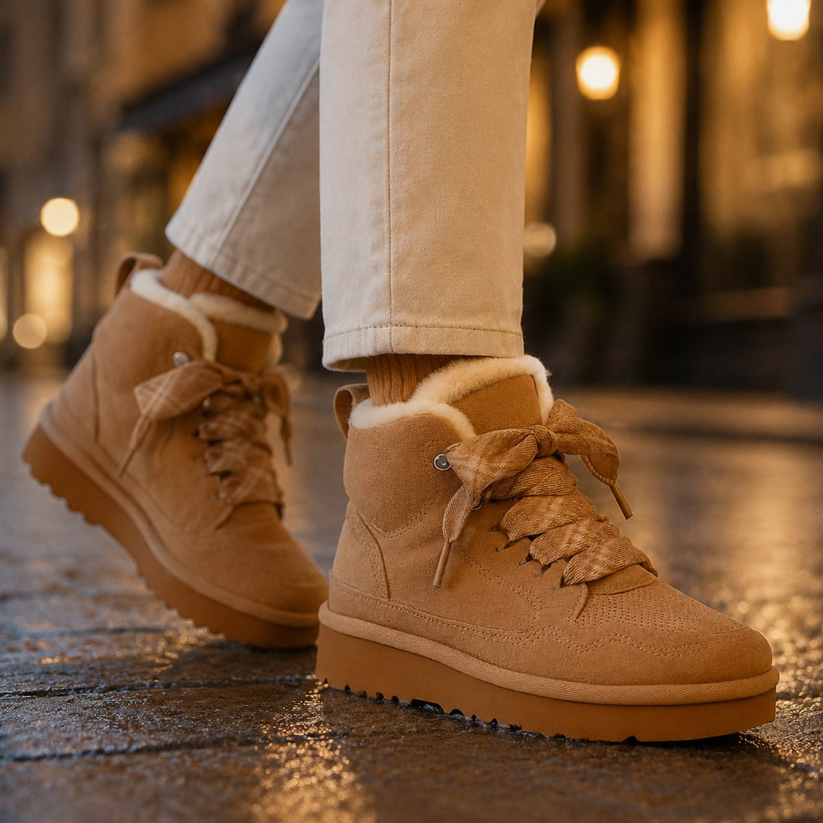 Women's Orthopedic Lace-Up Suede Platform Ankle Boots - Camel Brown