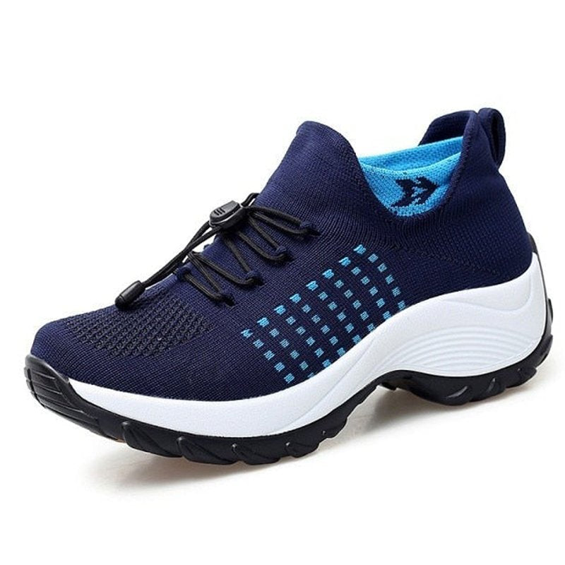 Women's Orthopedic Memory-Foam Lace-Up Platform Trainers - White Blue