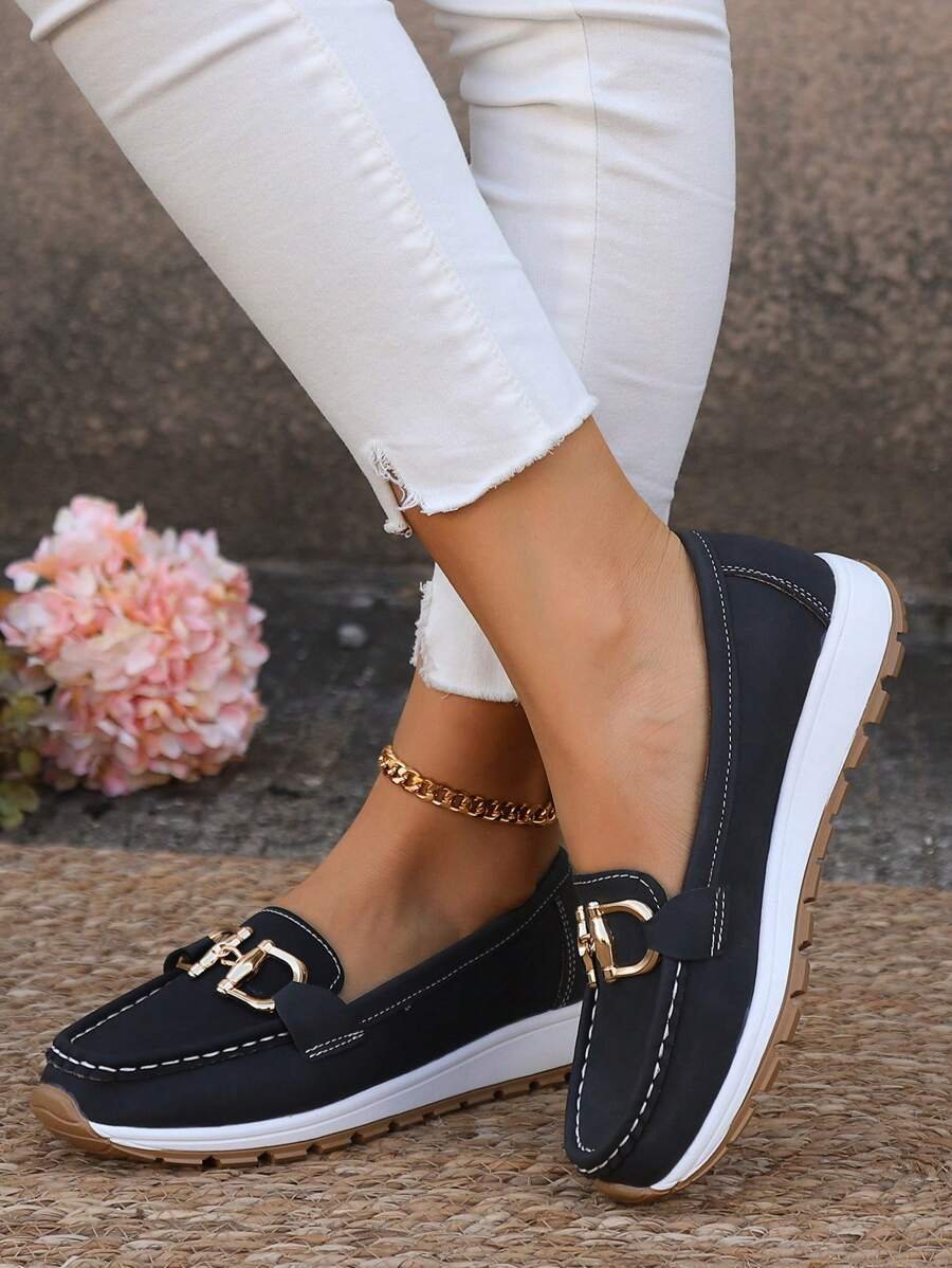 Women's Orthopedic Non-Slip Gold-Trim Slip-On Loafers - Black