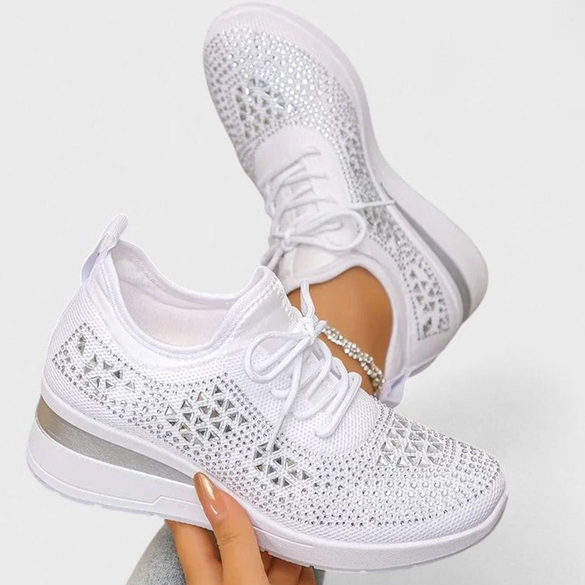 Women's Orthopedic Rhinestone Lace-Up Wedge Sneakers - White