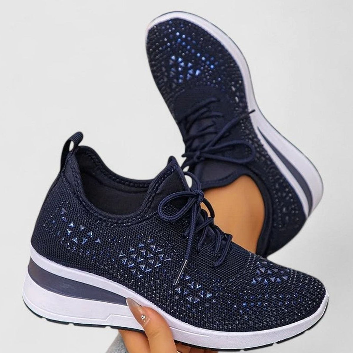 Women's Orthopedic Rhinestone Lace-Up Wedge Sneakers - Dark Blue