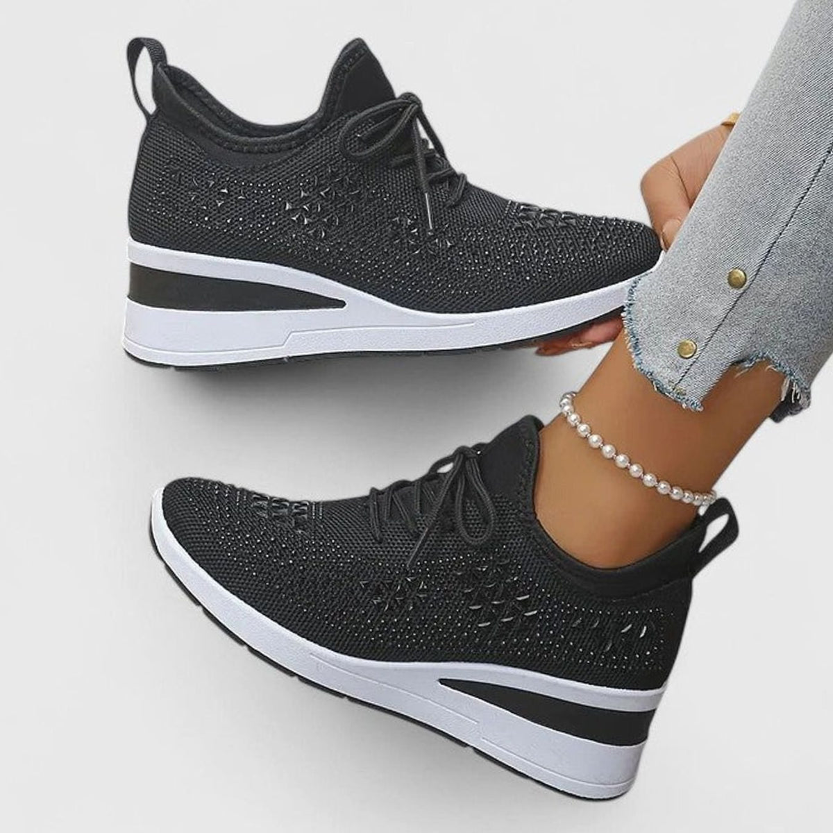 Women's Orthopedic Rhinestone Lace-Up Wedge Sneakers - Black