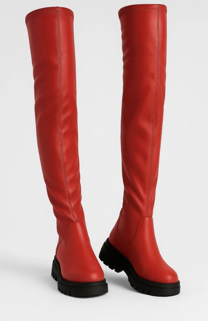 Women's Over-the-Knee Chunky Sole Slip-On Boots - Red
