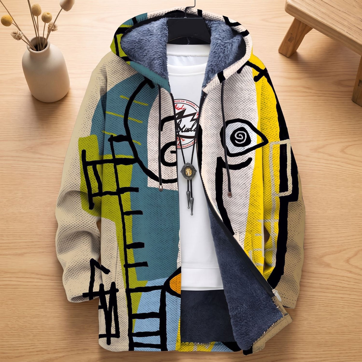 Women's Oversized Abstract Art Fleece-Lined Hooded Knit Cardigan - Multicolour