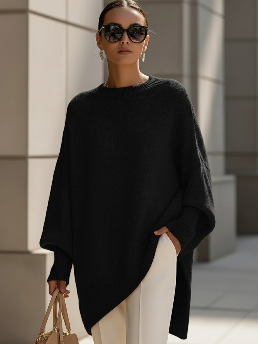 Women's Oversized Batwing Knit Draped Sweater - Black