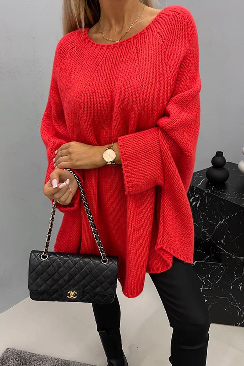 Women's Oversized Batwing-Sleeve Round-Neck Knit Sweater - Red