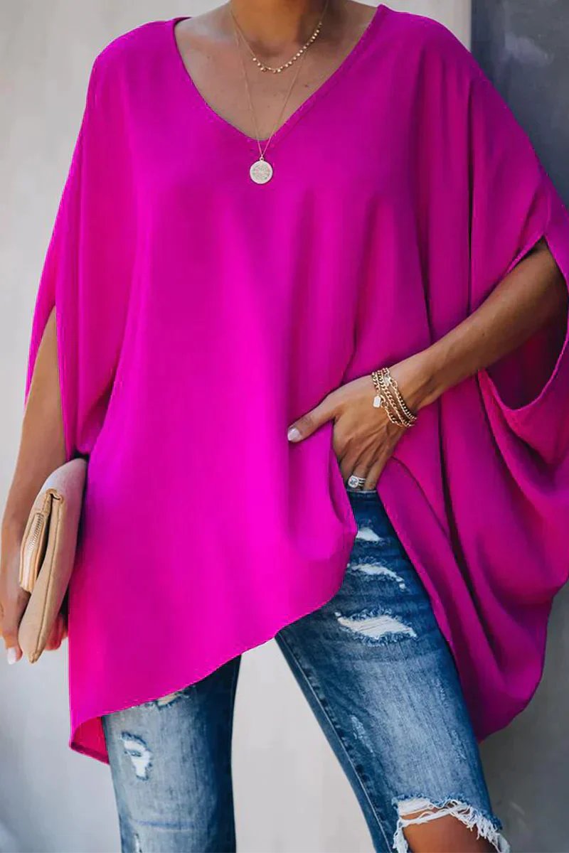 Women's Oversized Batwing-Sleeve V-Neck Longline Tunic Top - Rosa