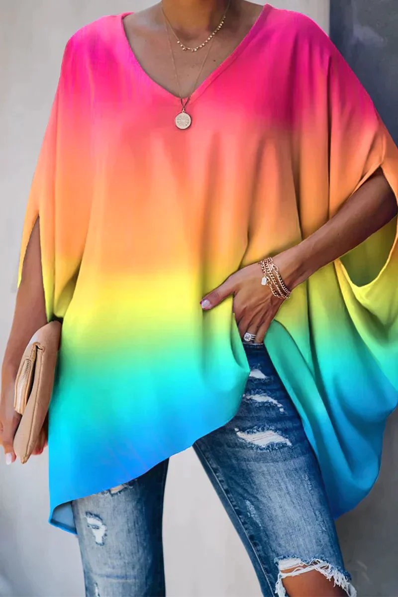 Women's Oversized Batwing-Sleeve V-Neck Longline Tunic Top - Regenbogen