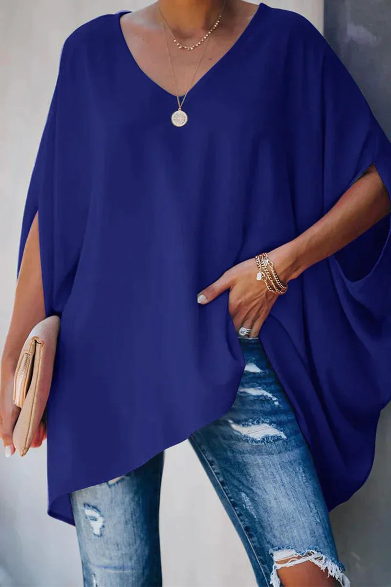 Women's Oversized Batwing-Sleeve V-Neck Longline Tunic Top - Blau