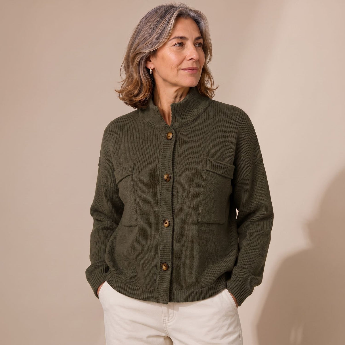 Women's Oversized Button-Front Collared Knit Cardigan - Olive
