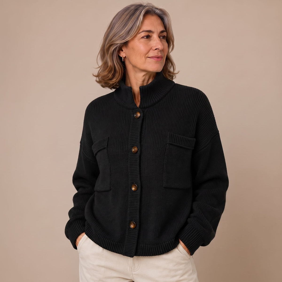 Women's Oversized Button-Front Collared Knit Cardigan - Black