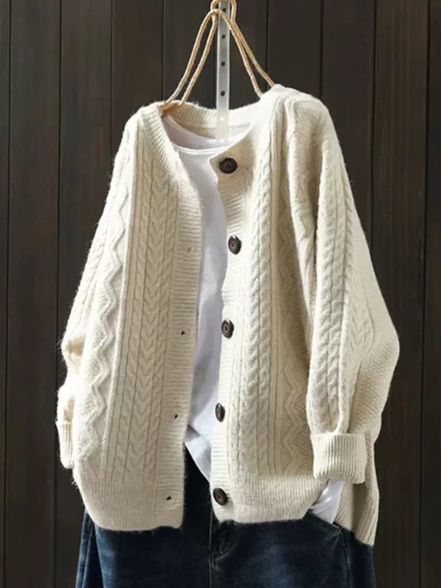 Women's Oversized Cable-Knit Button-Down Cardigan - Beige