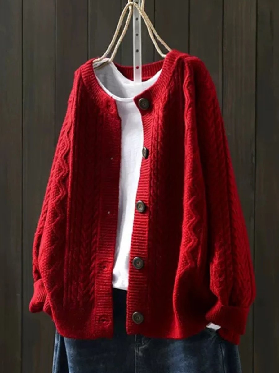 Women's Oversized Cable-Knit Button-Down Cardigan - Red