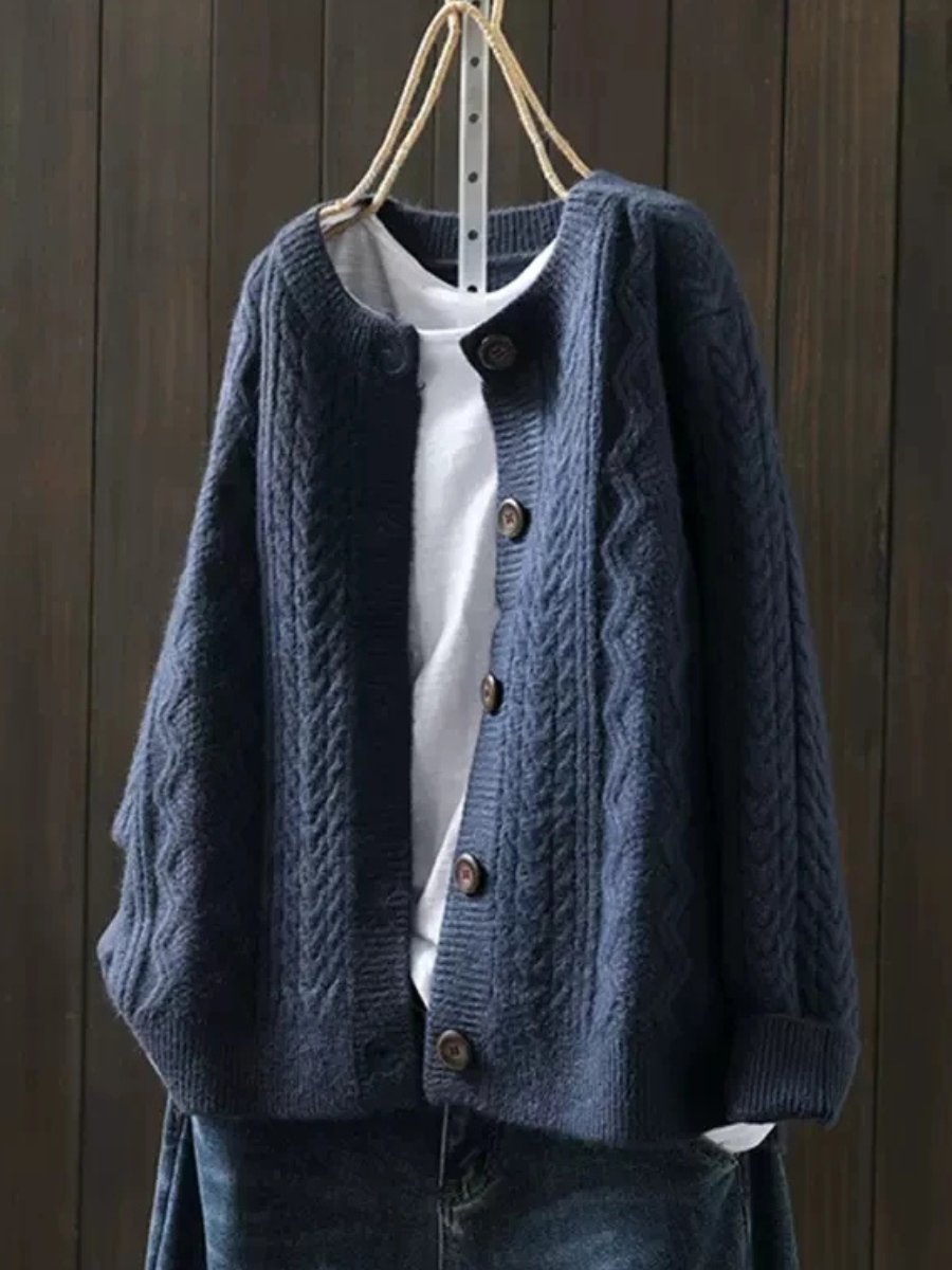 Women's Oversized Cable-Knit Button-Down Cardigan - Navy Blue