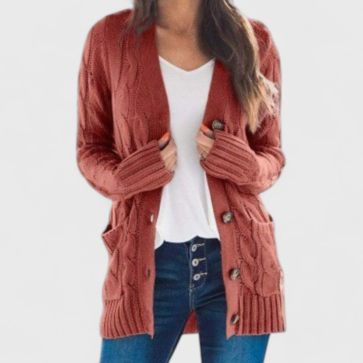 Women's Oversized Cable Knit Button-Front Cardigan - Brick Red