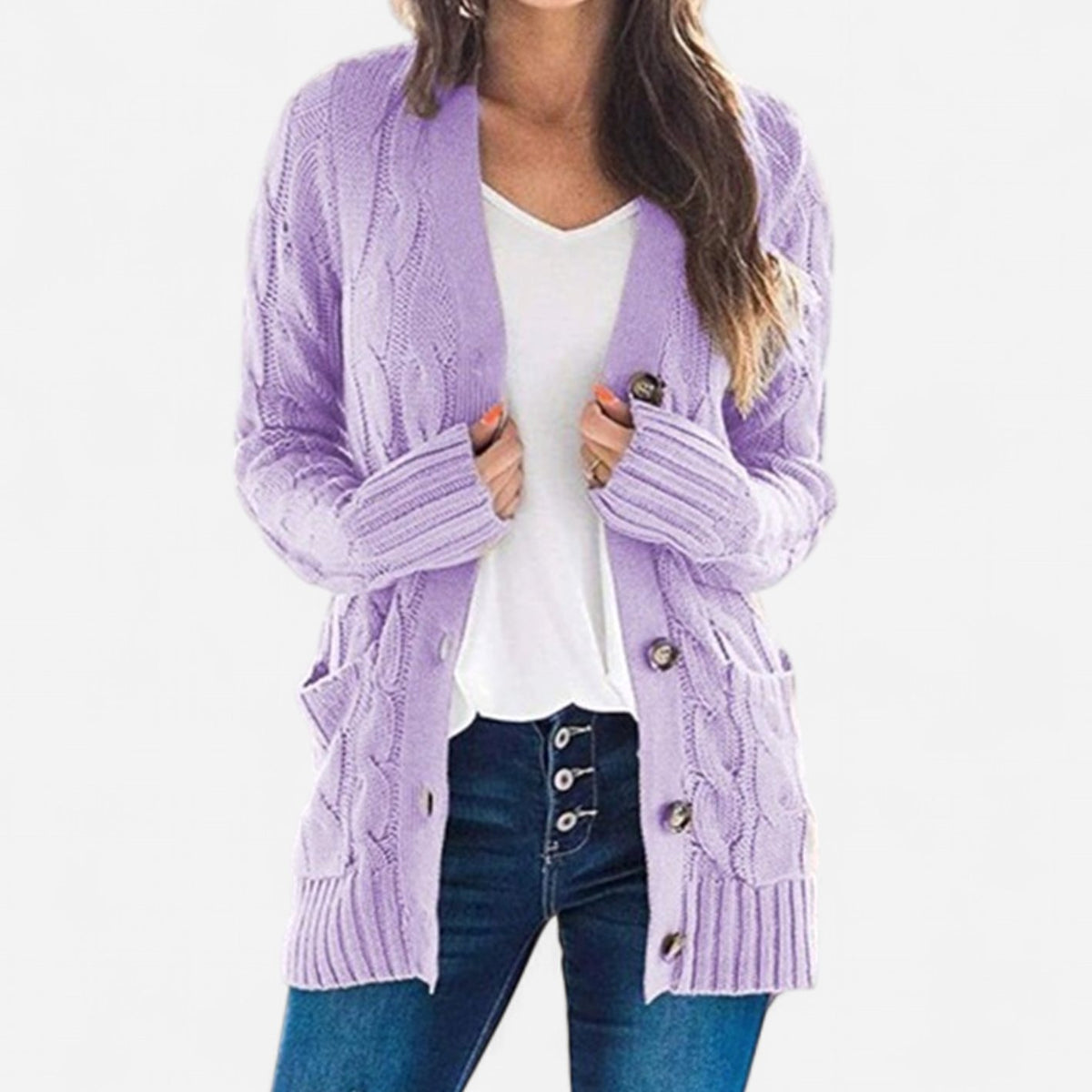 Women's Oversized Cable Knit Button-Front Cardigan - Purple