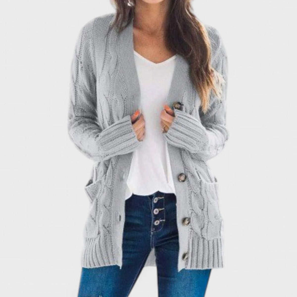 Women's Oversized Cable Knit Button-Front Cardigan - Grey