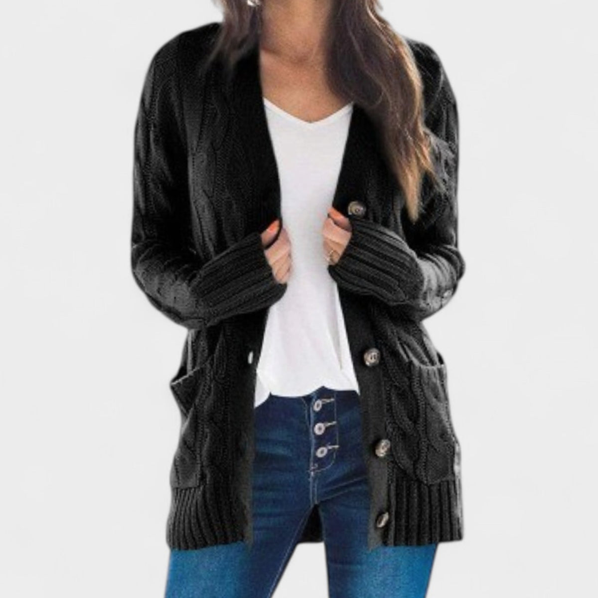 Women's Oversized Cable Knit Button-Front Cardigan - Black