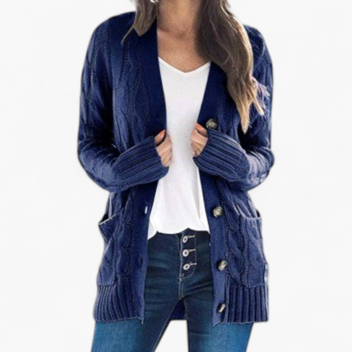 Women's Oversized Cable Knit Button-Front Cardigan - Navy Blue