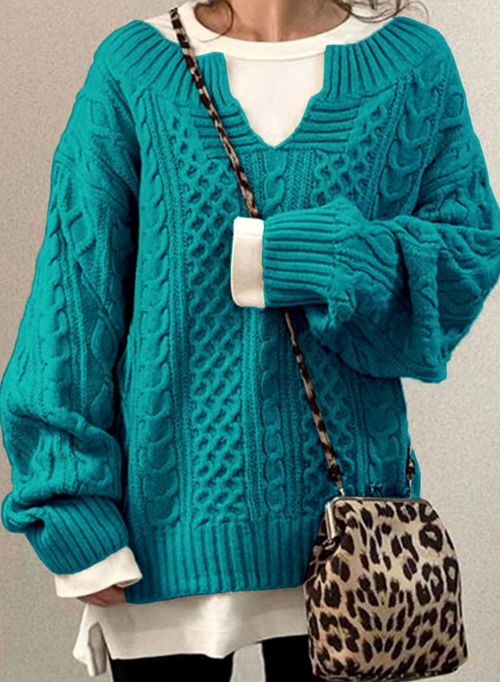 Women's Oversized Cable Knit Sweater V-Neck Layered Jumper - Blue