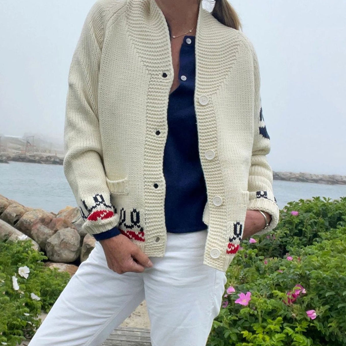 Women's Oversized Chunky Knit Cardigan Nautical Whale Motif